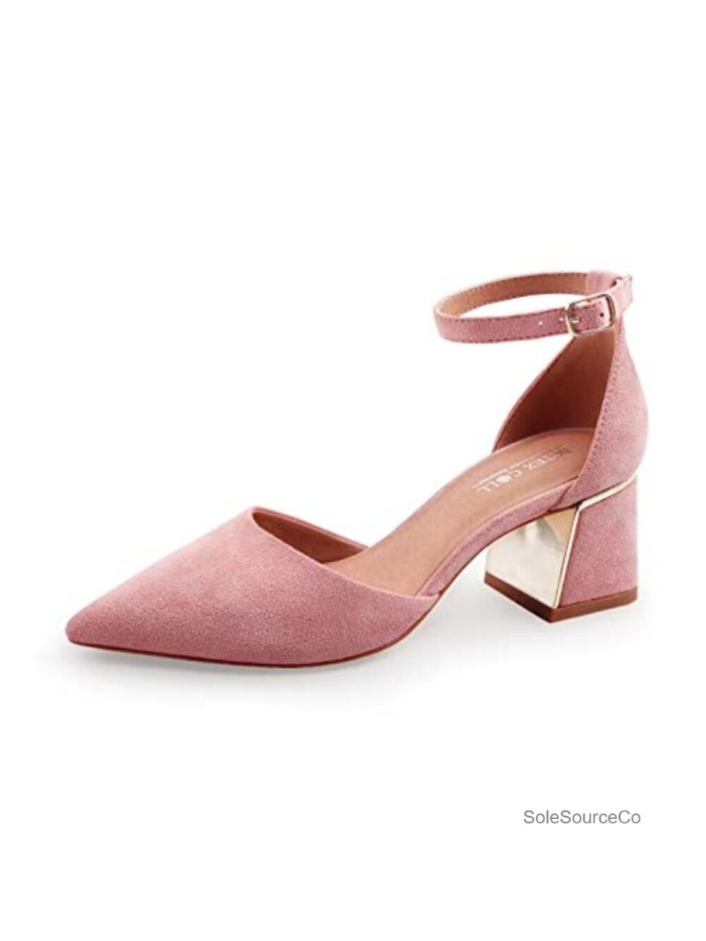 BCTEX COLL Womens Pointed Toe Ankle Strap Chunky Low Heel Pumps 2.3 Inch Faux